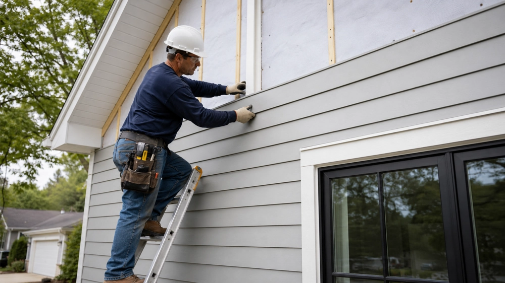 Worker installing grey vinyl siding on house exterior, using ladder and tools for vinyl siding installation