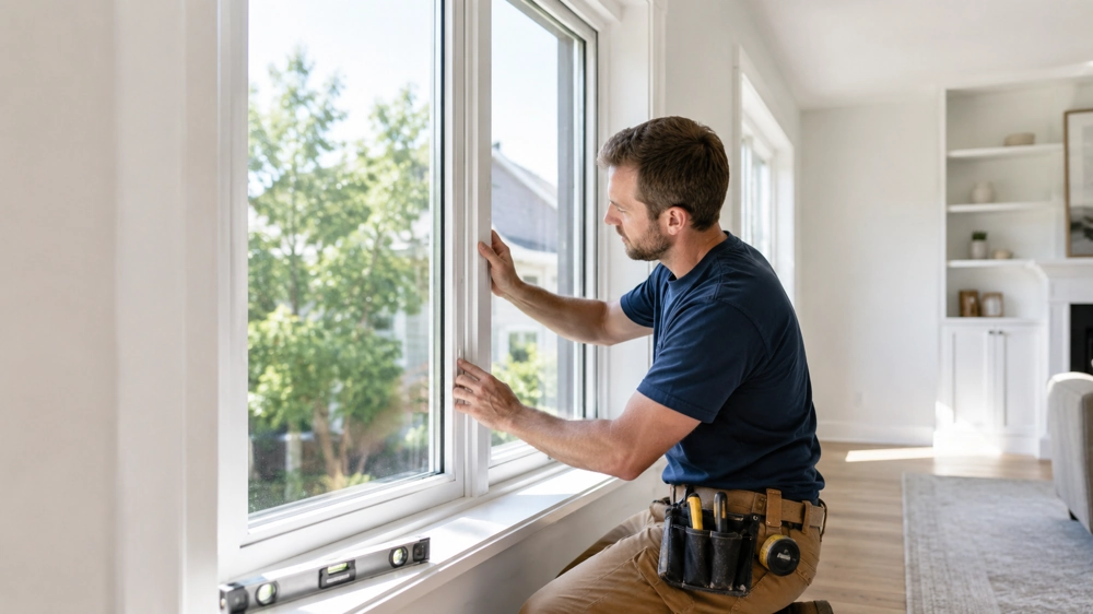 Technician performing Window Installation of energy efficient window in bright home interior