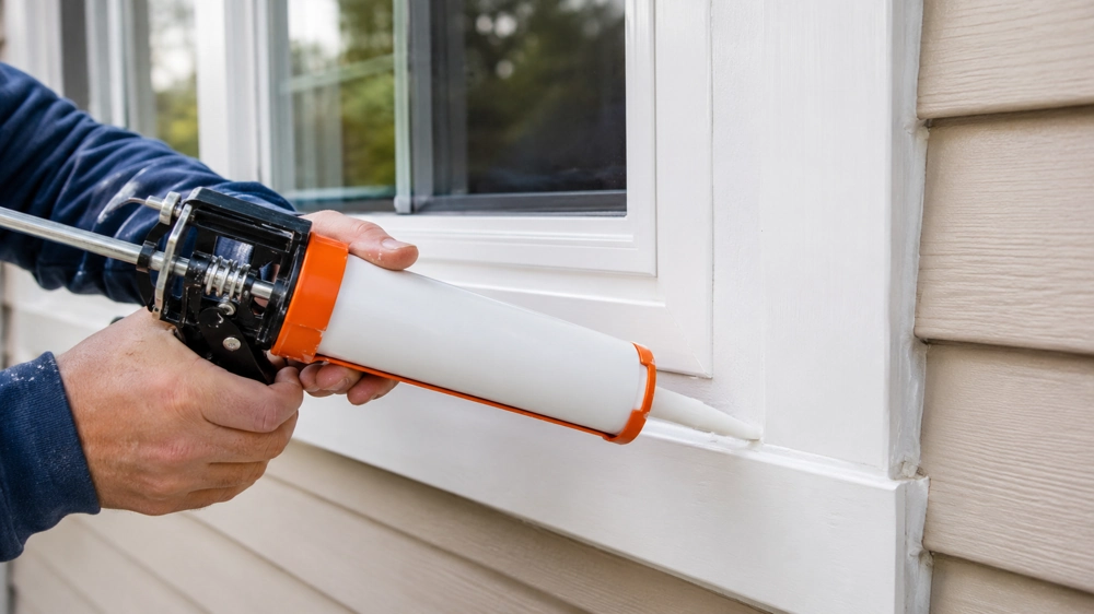Caulking exterior window frame on house siding during Window Installation