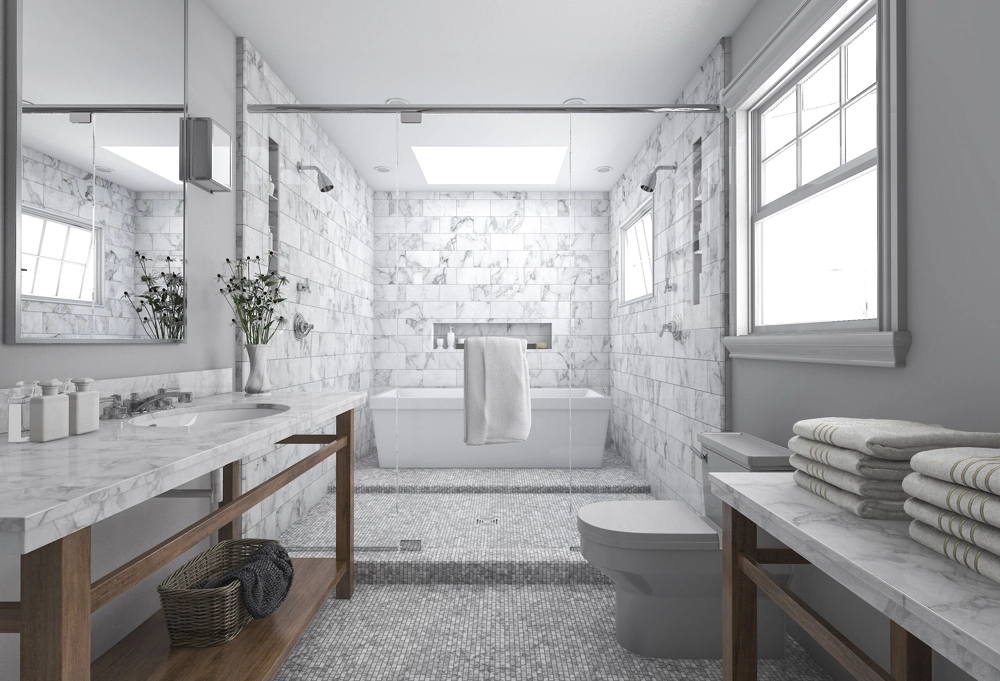 Marble tiled bathroom with freestanding tub, glass shower enclosure and dual vanity - Bathroom Renovation