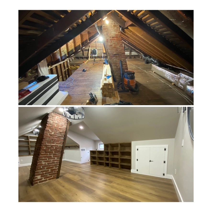 Interior attic renovation before demolition and after with hardwood flooring, drywall, trim and built-in shelving