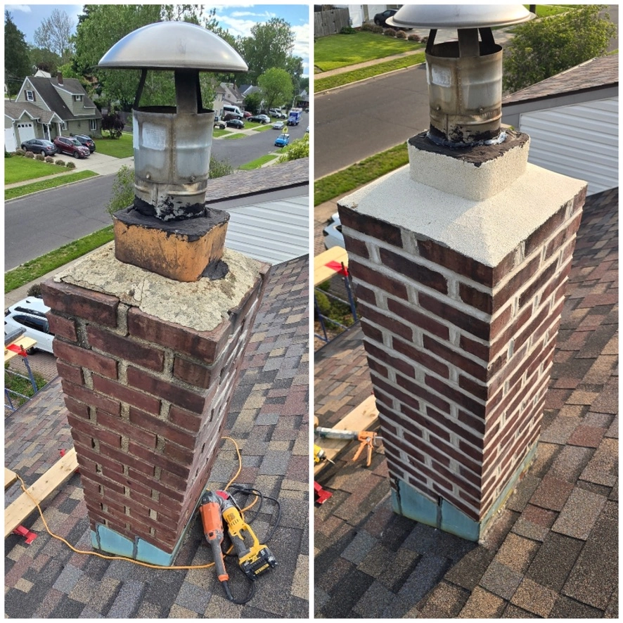 Brick chimney cap restored with fresh mortar atop asphalt shingle roof during roof repair