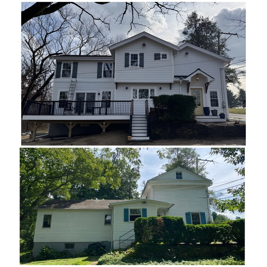 Modernized white home facade with added second floor and deck – House Extension