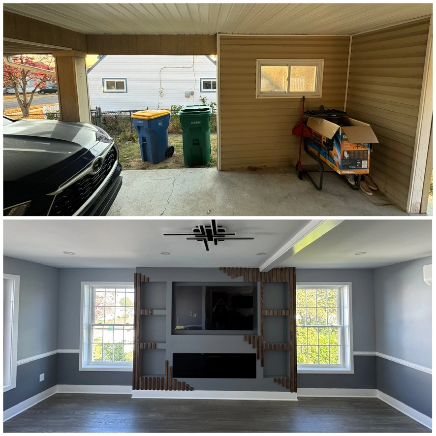 Before and after home remodeling: cluttered carport replaced by gray living room with wood-accented TV wall and dark hardwood flooring