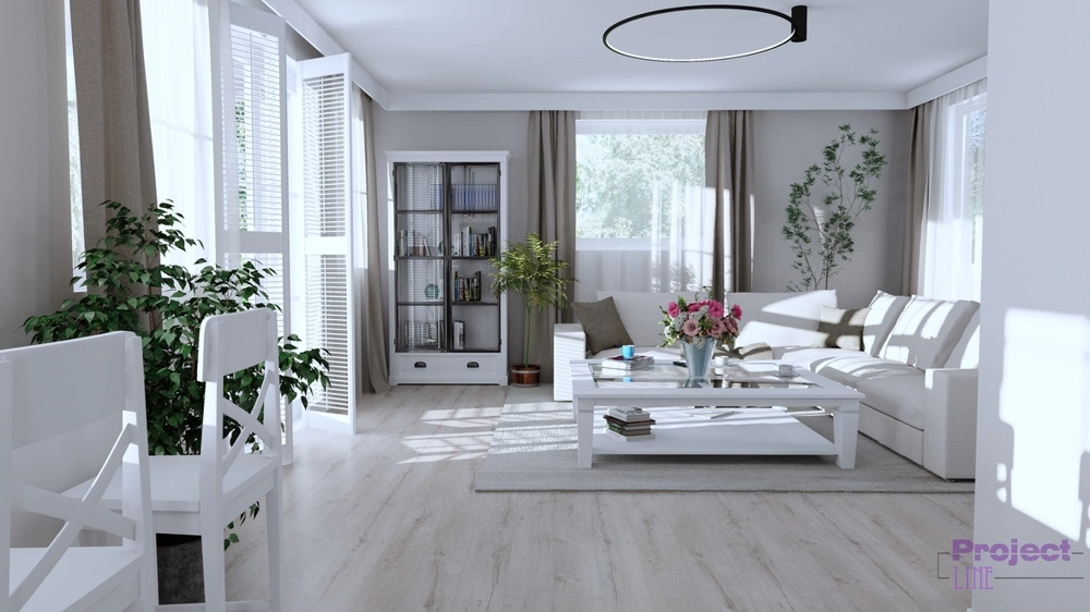 Bright living room after Home Remodeling with white walls, hardwood flooring, modern sofa and coffee table