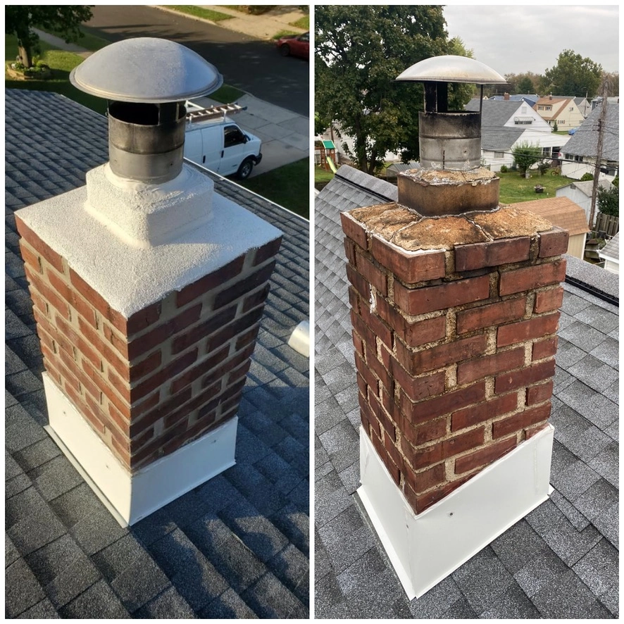 Chimney with fresh parging, brick masonry and new flashing on asphalt shingle roof, Roof Repair