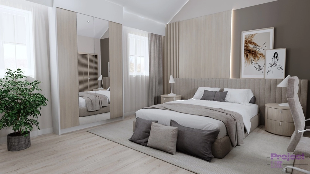 3D visualization of modern bedroom interior with upholstered bed, mirrored wardrobe, nightstands and hardwood flooring