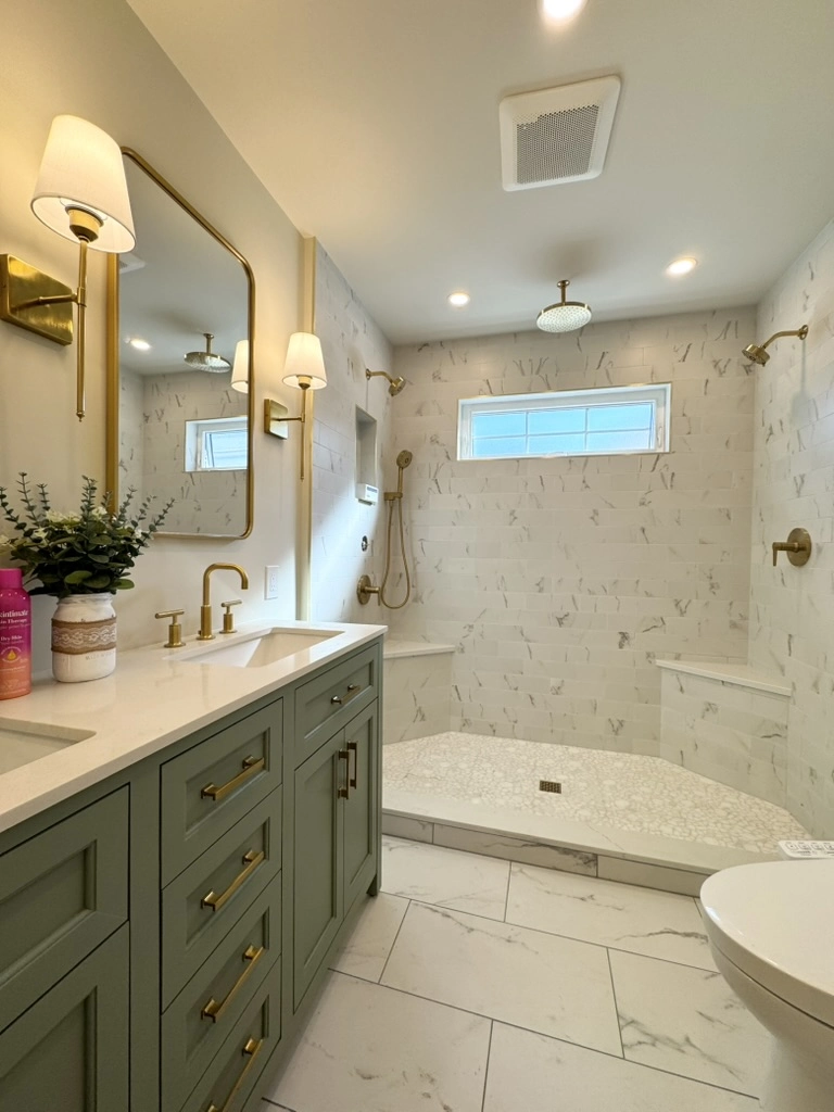 Bathroom Renovation with Tile Installation: modern walk-in tiled shower, dual sink vanity and brass fixtures