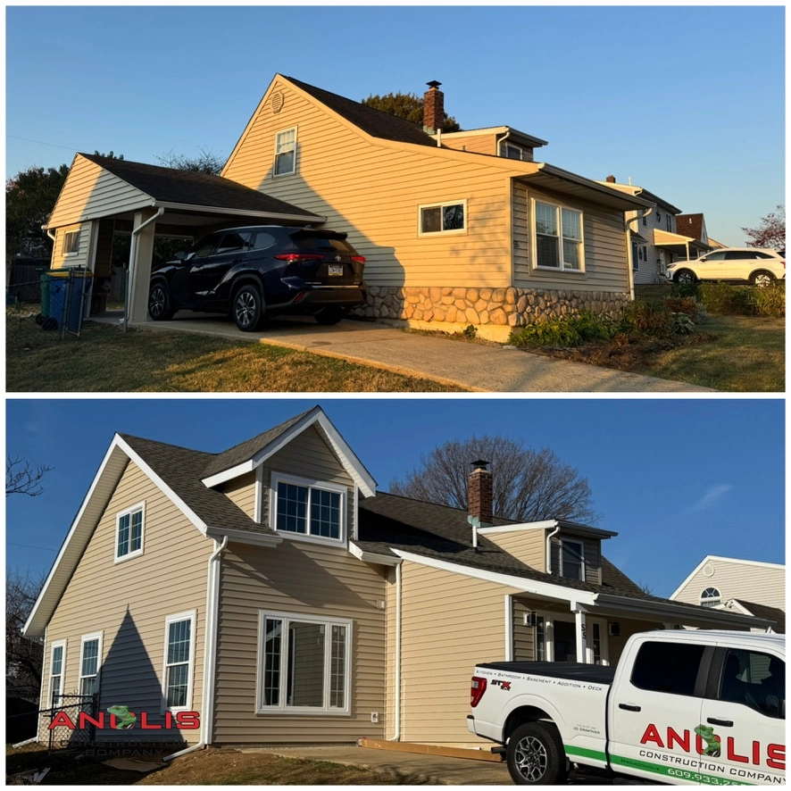 Before and after view of a house exterior with vinyl siding installation and window replacement
