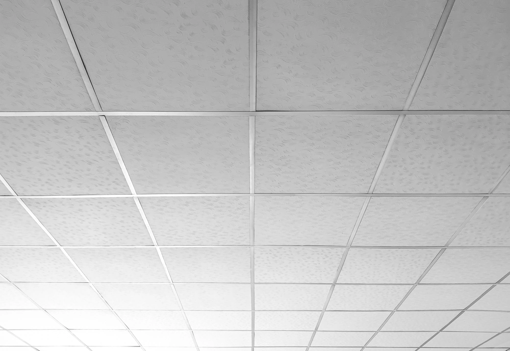 Interior view of suspended drop ceiling with white acoustical grid panels illustrating Drop Ceiling service