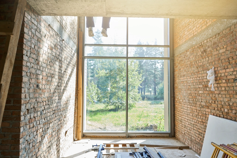 Interior home renovation with exposed brick walls, large window opening and construction materials on floor