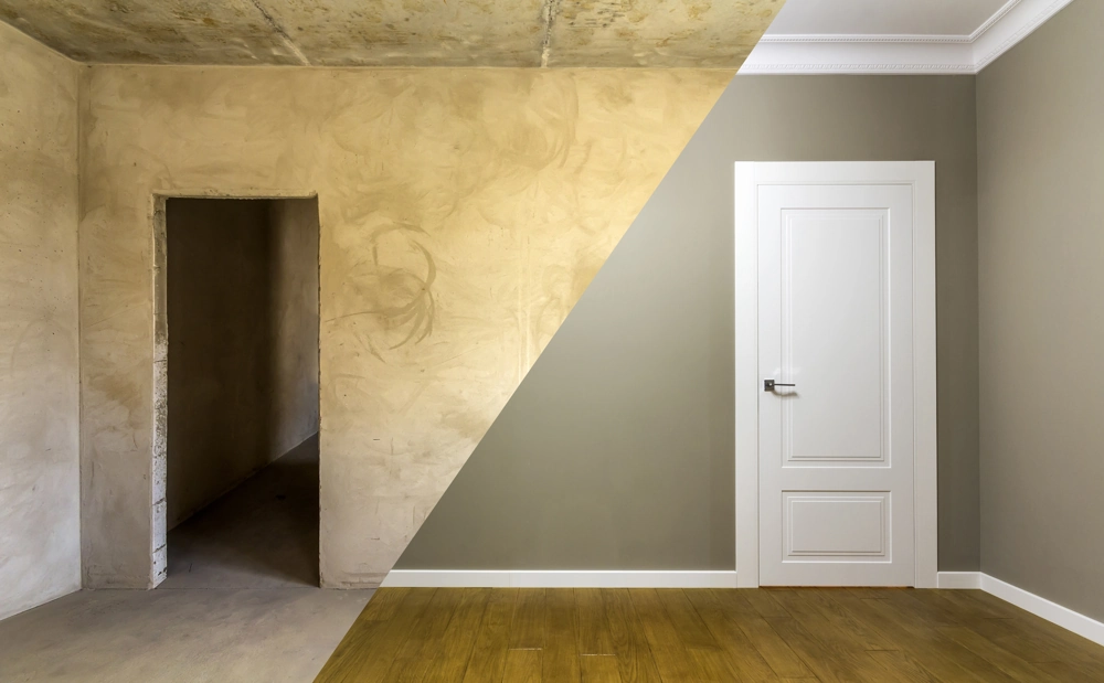 Side-by-side before and after Home Renovation showing bare plaster room vs finished space with hardwood flooring, painted walls and trim