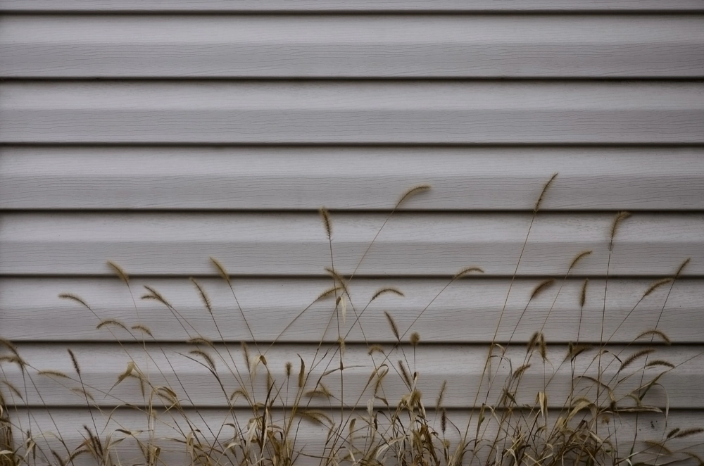 White horizontal vinyl siding panels with dry grass at the base for siding installation