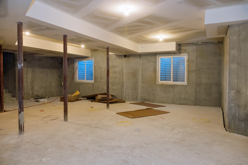 Unfinished basement interior with exposed steel posts and drywall ceiling prior to basement finishing