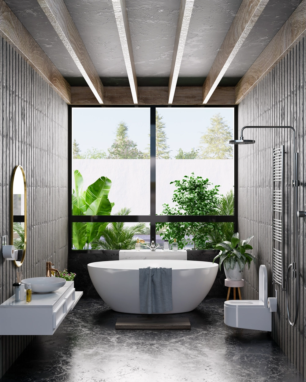 Bathroom Remodeling: modern bathroom with freestanding tub, walk-in shower, wall-mounted sink and large window view