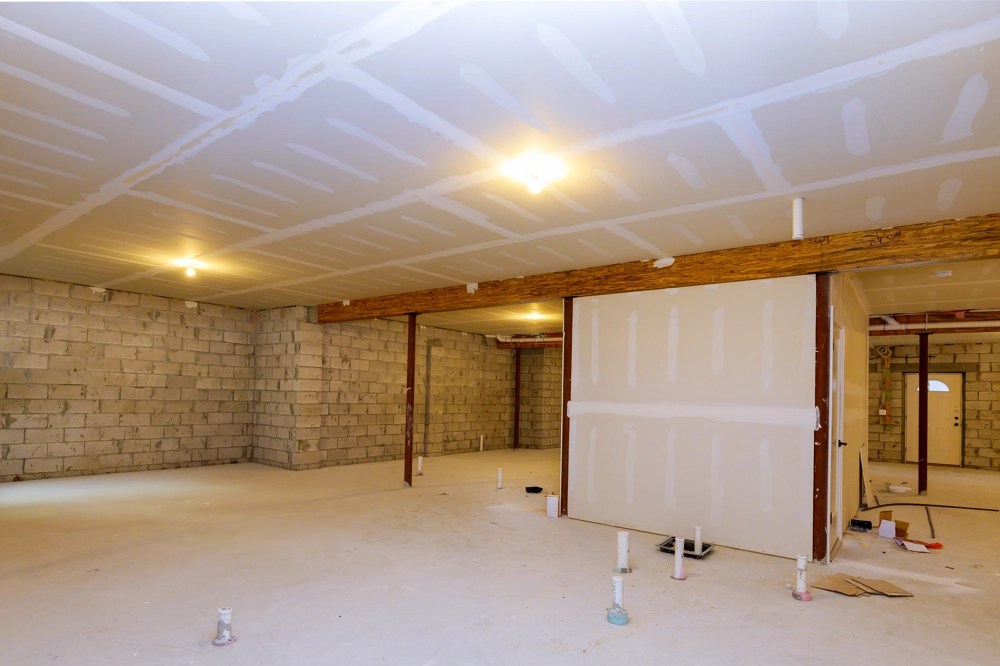 Unfinished basement with new drywall walls and ceiling, exposed support beam and plumbing rough-ins Drywall Installation